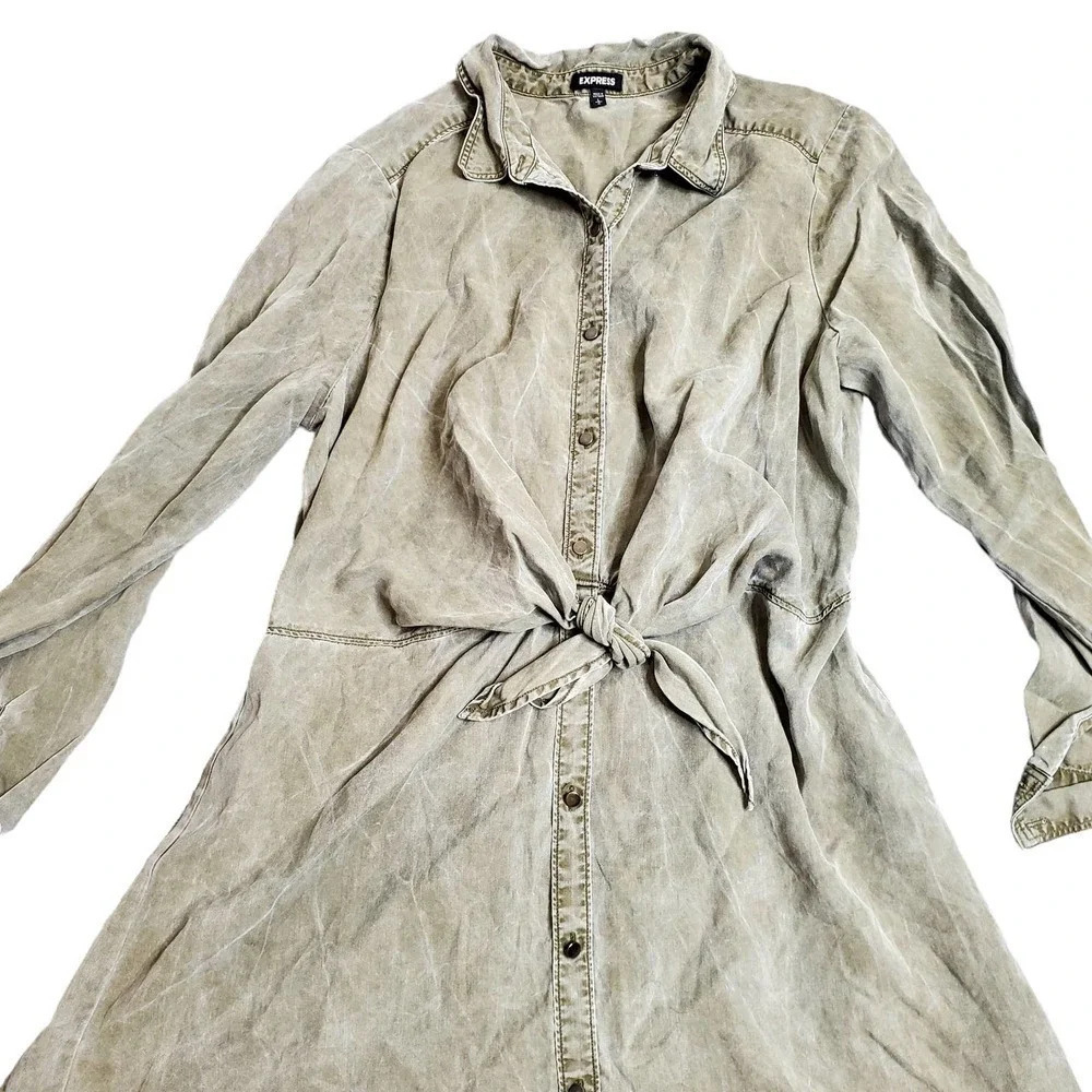 Express Green Tie Front Button Down Dress - Picture 2 of 7